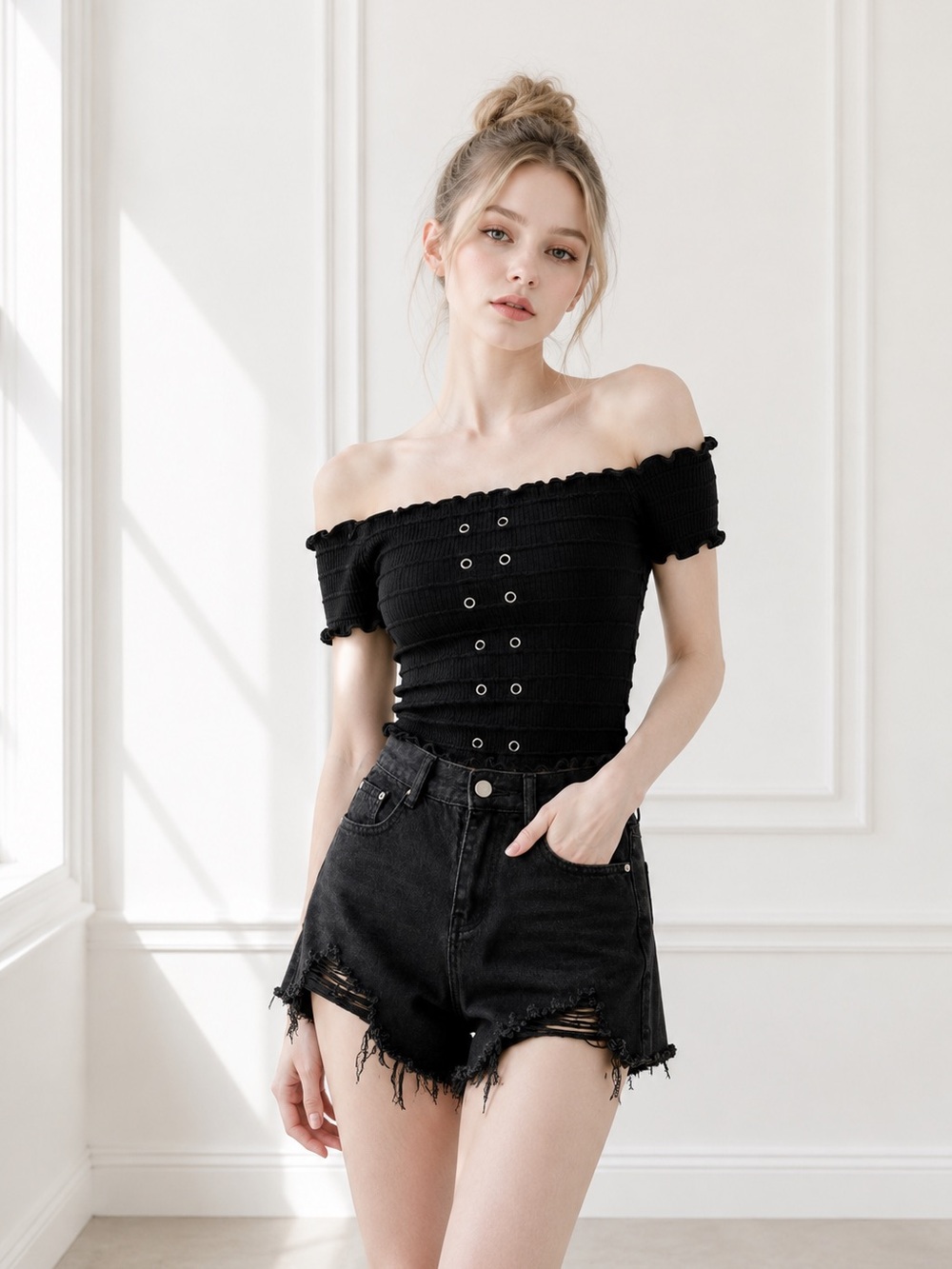 Black Ribbed Off-The-Shoulder Grommet Top Set with Matching Arm Sleeves